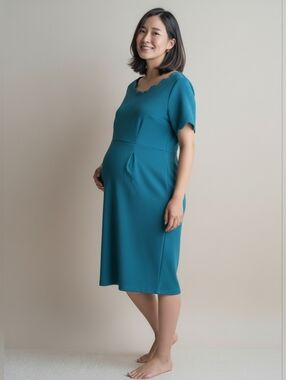 Teal Scallop Trim Maternity Dress